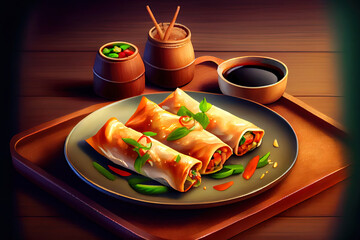 Delicious Chinese Spring Rolls Food in the plate on the table