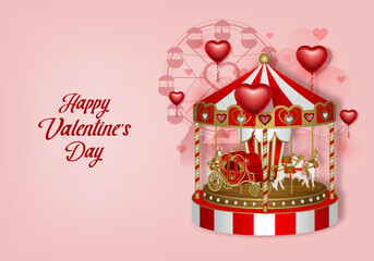 Valentine's day background with carousel and heart shaped balloons. Valentine card with amusement park