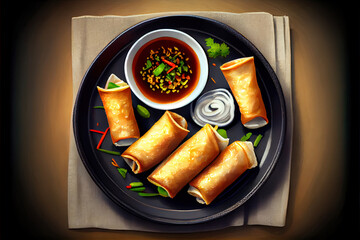 Delicious Chinese Spring Rolls Food in the plate on the table