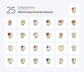 Mind Process And Human Features 25 Line Filled icon pack including mind. process. head. brain. user