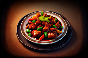 Homemade Chinese Sweet and Sour Pork in the plate on the table