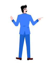 Back view. Businessman in blue suit standing, showing different ways isolated over white background. Concept of business, career, innovations