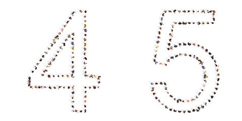 Concept or conceptual large community of people forming the fonts 4 and 5.  3d illustration metaphor for unity and diversity, humanitarian, teamwork, cooperation, education, friendship and community