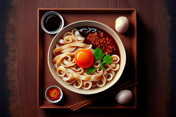 Healthy Chinese Zha Jiang Mian Food in the plate on the table