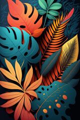 Fototapeta na wymiar Tropical forest foliage pattern in vivid colors. Generative Ai. 