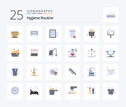 Hygiene Routine 25 Flat Color icon pack including bowl. dustpan. mirror. broom. soup