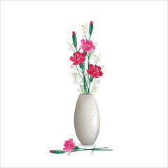 Bouquet of two red and one pink carnation flowers in a white ceramic vase, isolated on a white background. Realistic vector drawing for flower shop advertising banners, interior projects, card etc.