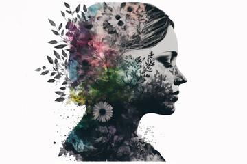Woman's head and flowers, double exposure generative Ai. 