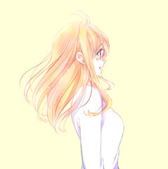 柔らかい雰囲気の女性　横側　髪がなびく　風