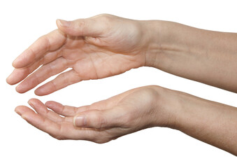 Fototapeta na wymiar Female Reiki Healer hands gently cupped gesturing sensing healing energy transparent png file