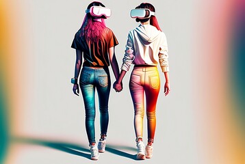 a 3d illustration of a lgtbq couple women using virtual reality glasses while walking ahead