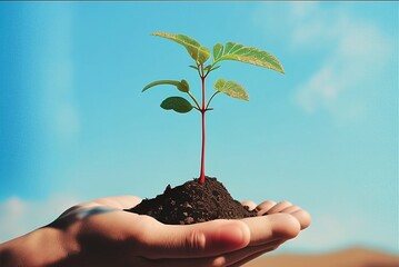 hands holding a little plant growing on soil with blue sky background