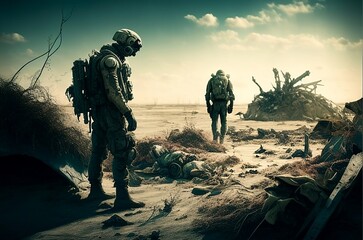 soldiers defeated in war zone while walking returning home