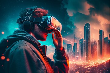 a 3d illustration of a man playing with virtual reality glasses on a cityscape cyberpunk style background