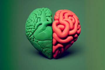a 3d illustration of a heart versus brain divided in two parts in green and red