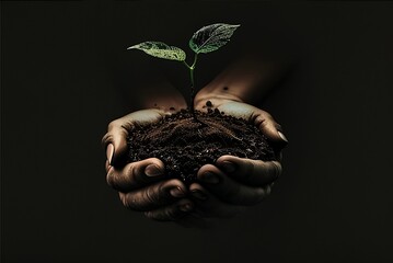 hands holding a little plant growing on soil with blurred background