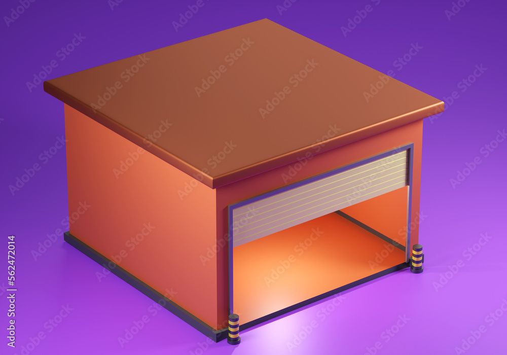 Poster garage with open gates. detached garage on purple. visualization of building for temporary storage. 