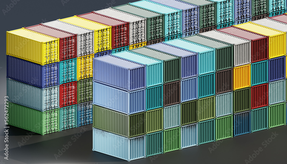 Poster containers of different colors are arranged in rows. containers with cargo arrived by ship. port war
