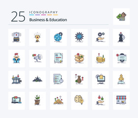 Business And Education 25 Line Filled icon pack including idea. solution. win. gear. globe
