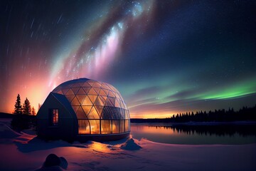 aurora borealis dome house with lake made with generative ai, winter, ray tracing, travel 