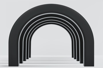 Empty corridor of several black round arches in perspective with white floor and shadows. Minimal background. Abstract architecture. Vector illustration of archway. Inside interior