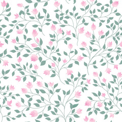 Seamless fresh floral pattern with pretty pink flowers and tropic leaves on a white background. Vector elegant template for fashion prints. Modern floral background. - Vector illustration.