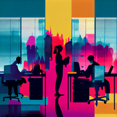 People silhouettes working in office. Colorful illustration. AI generative.