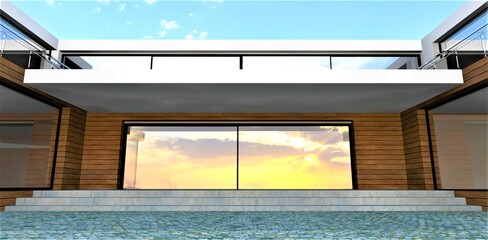 Design of the porch with wide concrete steps. Looks nice with wooden walls. Large glass door, 3d rendering.