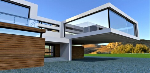 Exclusive design of the suburban house with cantilevered floor. Facade board as a wall decor. Compact stylish porch. Stunning mountain landscape. 3d rendering.