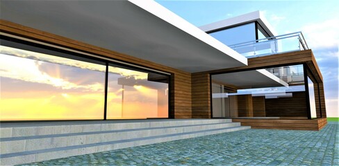 Amazing concept of the minimalist style porch. Concrete steps and natural granite pavement. Reflection of the sunset in glass entry door. 3d rendering.