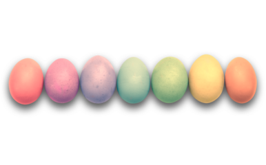 Row of rainbow colored pastel Easter eggs isolated on transparent background background with a shadow, png file