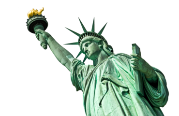 Close up of the statue of liberty isolated on transparent background, New York City, USA, png file