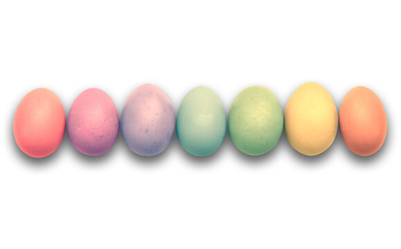 Row of rainbow colored pastel Easter eggs isolated on transparent background background with a shadow, png file