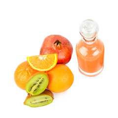 citrus fruits and fruit juice in bottle isolated on white background.