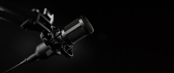 professional sound recording microphone on black background. banner with copy space - Powered by Adobe