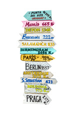 Image of Photo of wooden colorful direction signs to different cities of the world isolated on white or transparent background. Travel concept printed on Printed Glass Splashbacks