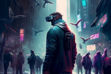 a 3d illustration of a man playing with virtual reality glasses on a crowded street cyberpunk style background