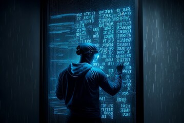 a man working and touching a transparent screen with blue code numbers and letters