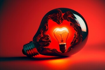 a light bulb shaped like a heart isolated with a red background