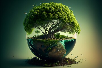 a 3 illustration of a tree on top of the planet earth while growing up and preserves the ecosystem
