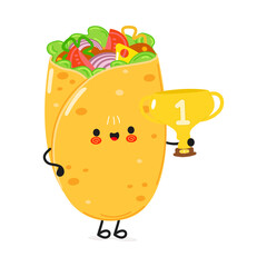 Obraz premium Cute funny burrito hold gold trophy cup. Vector hand drawn cartoon kawaii character illustration icon. Isolated on white background. Burrito with winner trophy cup