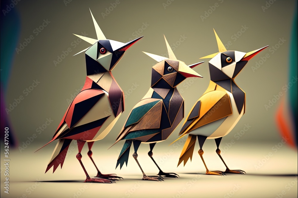 Poster three colorful birds are standing in a row on a table top, one is folded in a paper and the other is
