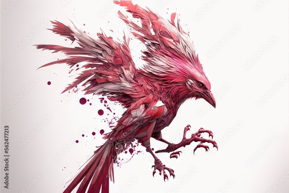 Poster a bird with red feathers and a body of water in the background is a white background and has a red a