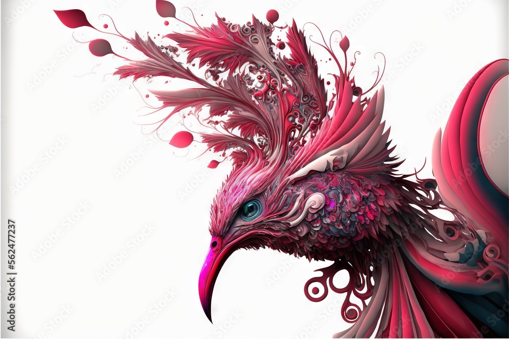 Poster a bird with a very colorful head and feathers on it's head and body, with a white background and a r