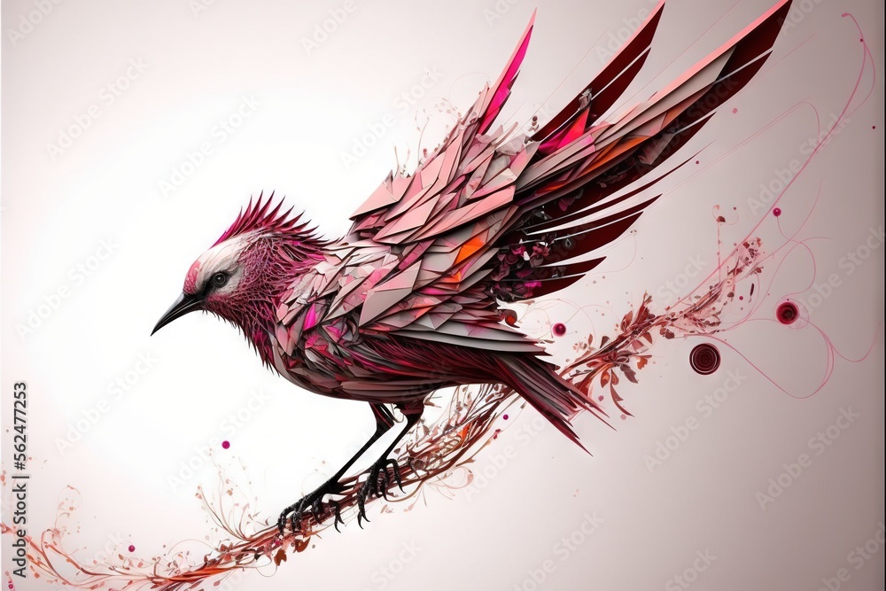 Poster a bird with red feathers and a white background with a red swirl around it's wings and a pink and bl
