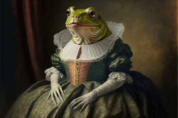 Portrait of frog in a victorian dress. Generative AI - obrazy, fototapety, plakaty