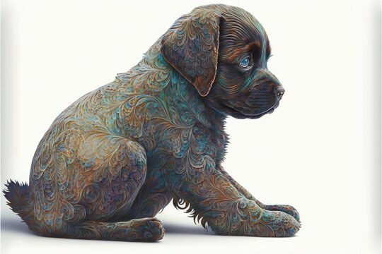  A Dog Sitting Down With A White Background Behind It And A Blue Eye On The Dog's Face And Chest, With A Pattern On Its Body, And Head, And Body, And, And,. Generative Ai