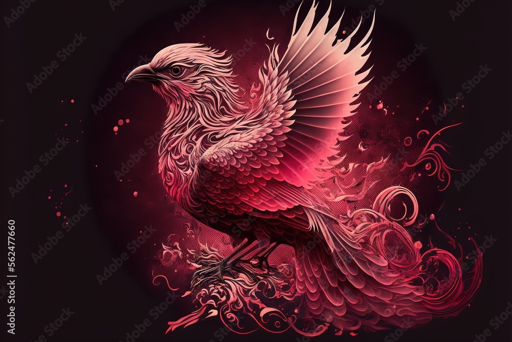 Poster a bird with a long tail and wings spread out on a branch with a swirly pattern on it's body and wing