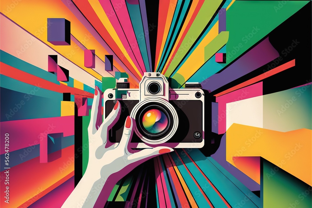 Poster a person holding a camera in front of a colorful background with squares and squares on it, with a h