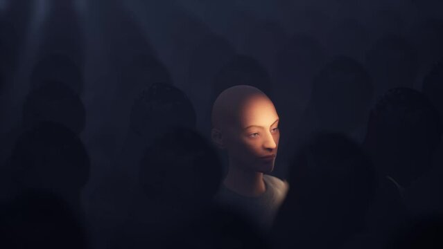 I was visited by a creative idea, a concept. A unique with a bright personality in a crowd of identical, 3D visualization, rendering. illuminated face in the twilight
